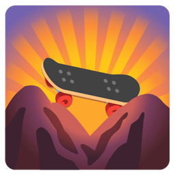 sunrise over mountains and skateboard