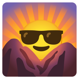 sunrise over mountains and smiling face with sunglasses