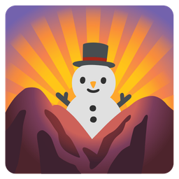 sunrise over mountains and snowman without snow
