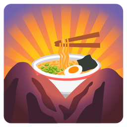 sunrise over mountains and steaming bowl