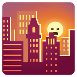 sunset and frowning face with open mouth