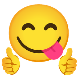 Thumbs up and Face savoring food