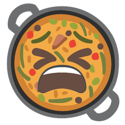 tired face and shallow pan of food