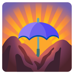 umbrella and sunrise over mountains