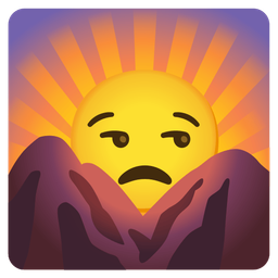 unamused face and sunrise over mountains