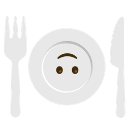 upside-down face and fork and knife with plate