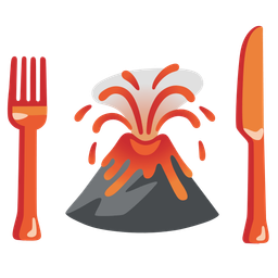 Volcano and Fork and knife with plate