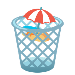 wastebasket and beach with umbrella