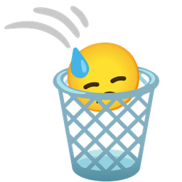 wastebasket and downcast face with sweat