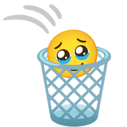 wastebasket and face holding back tears