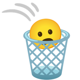 wastebasket and frowning face with open mouth