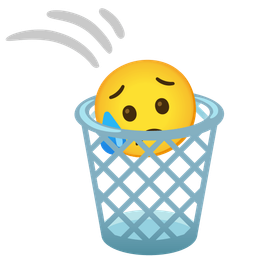 wastebasket and sad but relieved face
