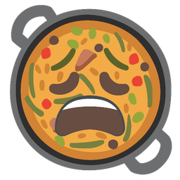 weary face and shallow pan of food