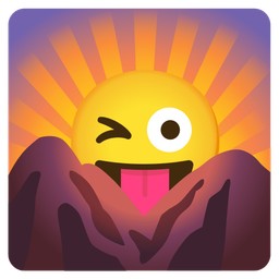 winking face with tongue and sunrise over mountains