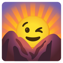 winking face and sunrise over mountains