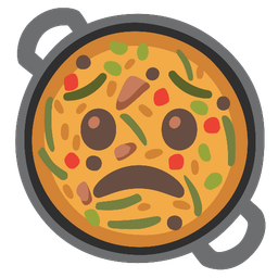 Worried face and Shallow pan of food