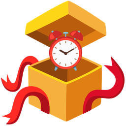 wrapped gift and alarm clock