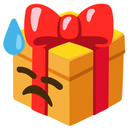 wrapped gift and downcast face with sweat