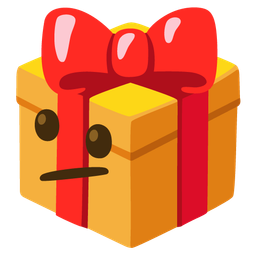 wrapped gift and face with diagonal mouth