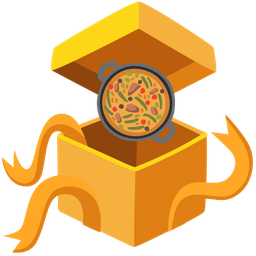 wrapped gift and shallow pan of food