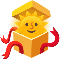 wrapped gift and sun with face