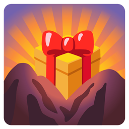 wrapped gift and sunrise over mountains