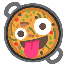 zany face and shallow pan of food