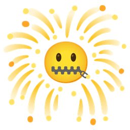 zipper-mouth face and fireworks