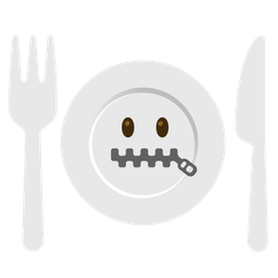 zipper-mouth face and fork and knife with plate