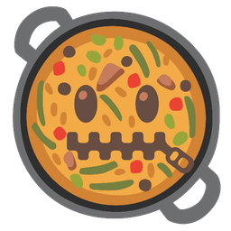 zipper-mouth face and shallow pan of food